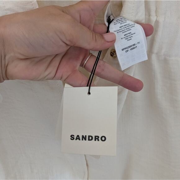 NWT Sandro Long-Sleeve Ivory/Ecru Linen Blend Utility Jumpsuit, size 42 / US 10 - Picture 9 of 16